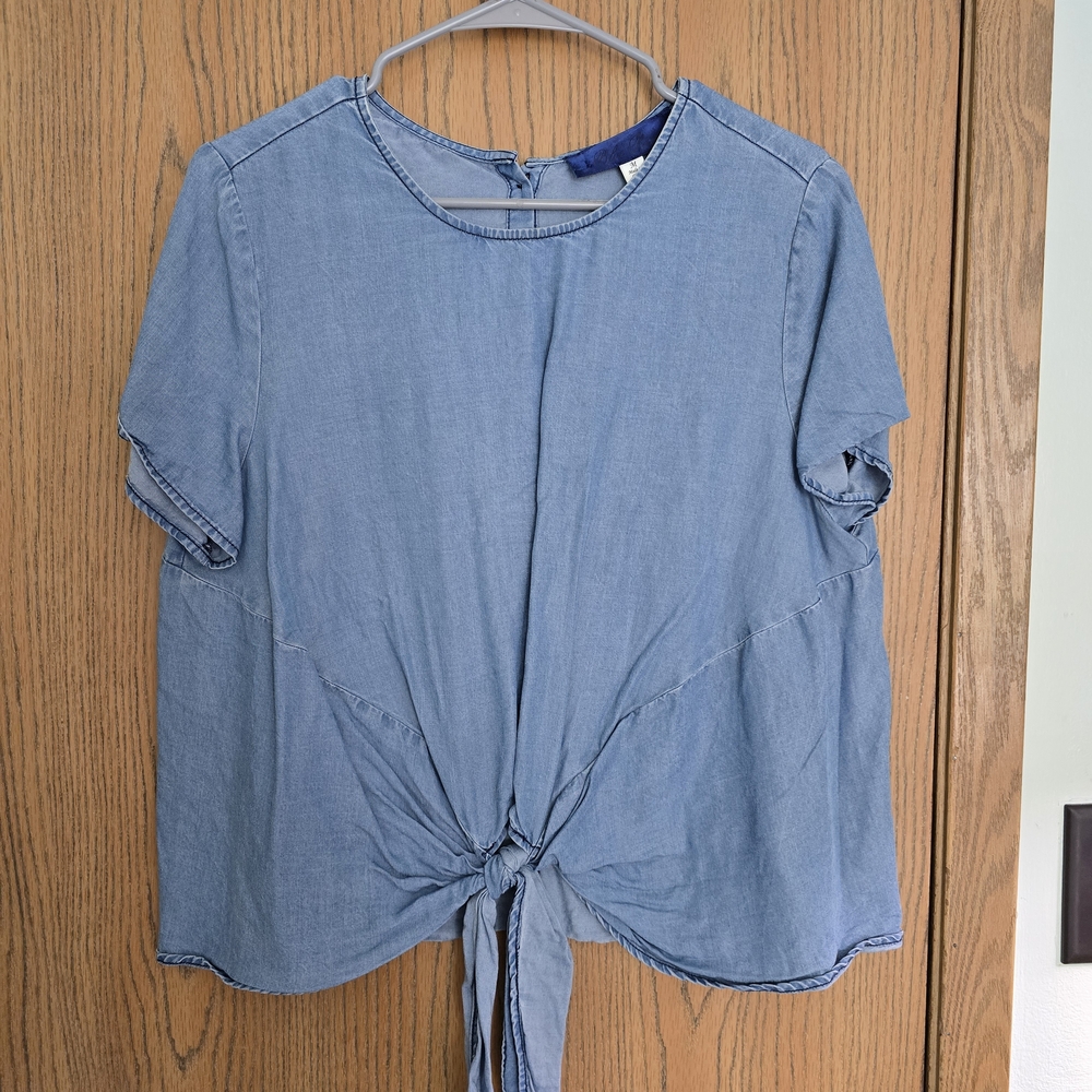 Blue Rain Denim Tie-Front Blouse